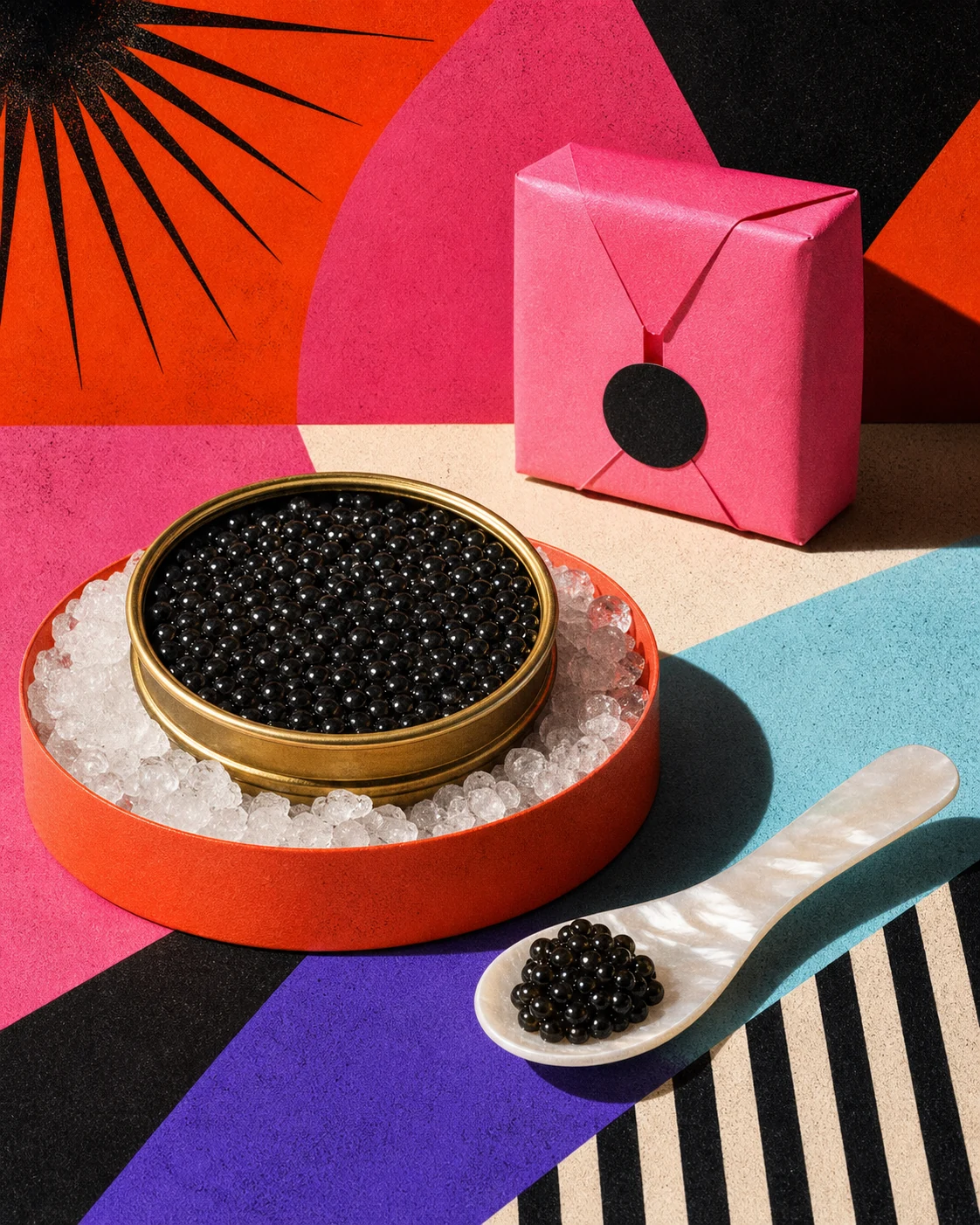 An open tin of black caviar on ice beside a mother-of-pearl caviar spoon.
