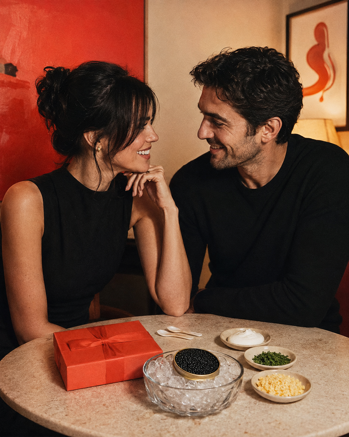 Two adults smiling across a small table with caviar and tasting dishes during a date night at home.